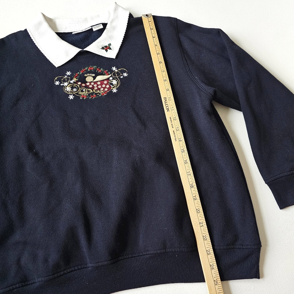90s Hastings & Smith Embroidered Christmas Sweatshirt XL Angel Holly Collar Navy - Picture 10 of 10
